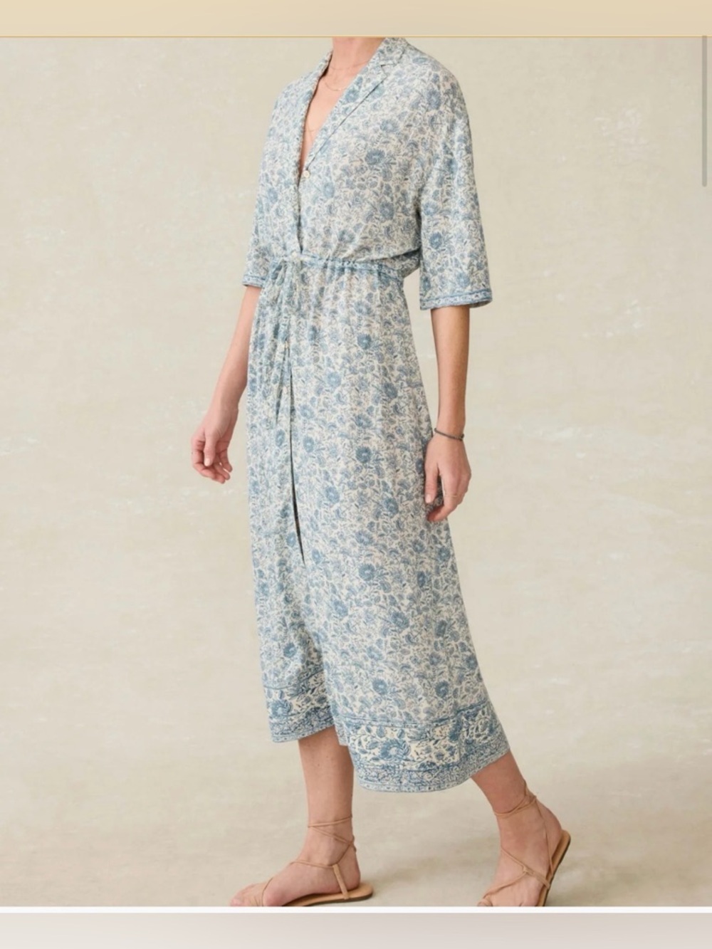 Faherty Island Blue Water Floral Tie-Waist Midi Dress Size XS
